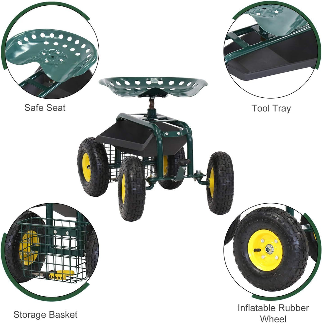 Rolling Garden Stool Cart with Tool Storage Utility Basket N201
