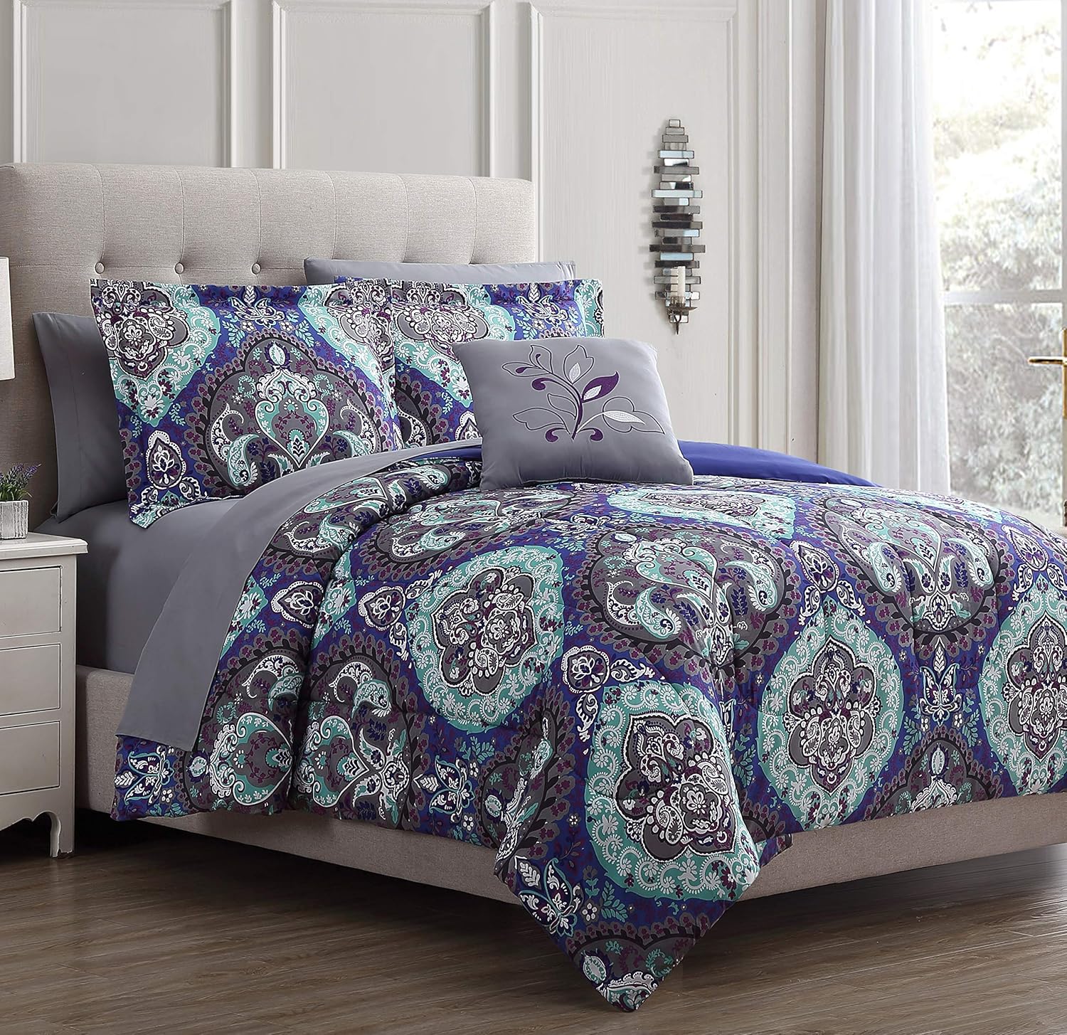 8-Piece Reversible Bed in A Bag, Queen, Purple/Grey/Teal G68593