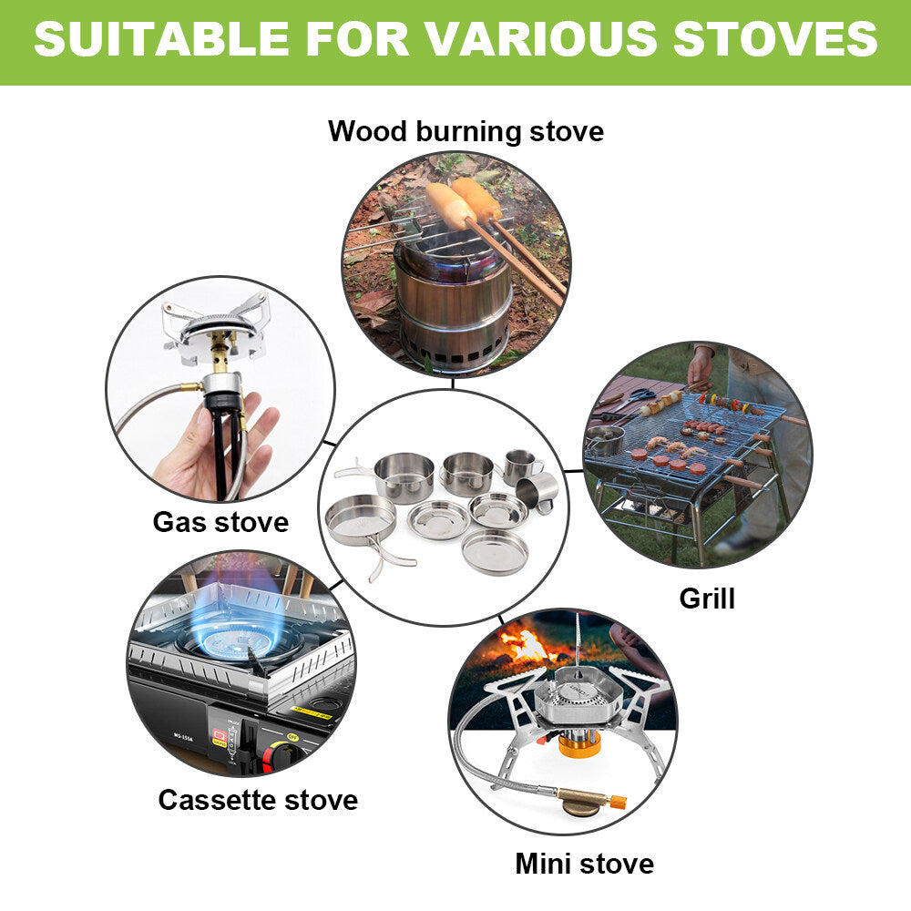 Stainless Steel Camping Cookware Mess Kit 8PCS with Plates Cups H88387