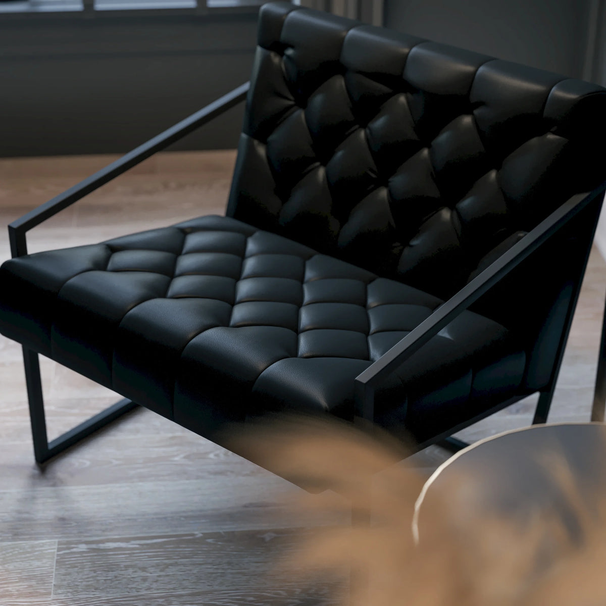 Black Faux Leather Lounge Chair with Dark Gray Metal Frame E59354