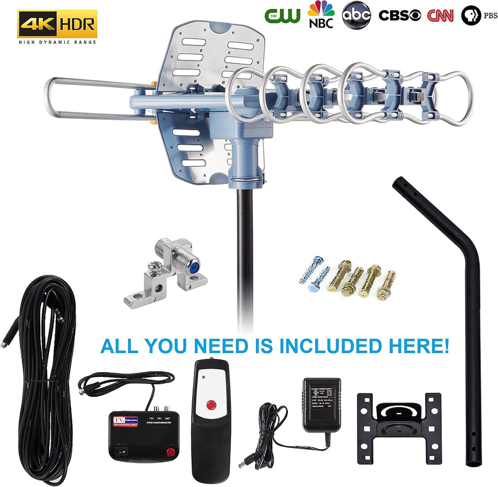 Outdoor TV Antenna with Mount Pole 4K/1080p Reception, 40feet RG6 Coaxial Cable, 360 Degree Rotation Wireless Remote, 2 TVs Function U11571