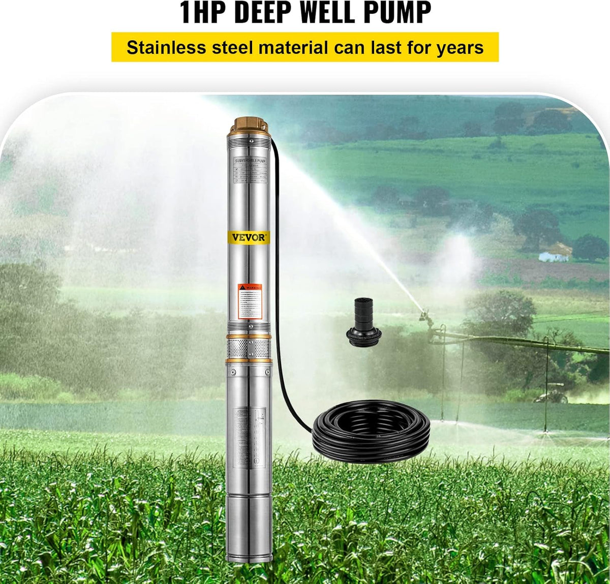 1 HP 33GPM 207ft Head 9.8ft Cable Stainless Steel Submersible Well Pump V95921