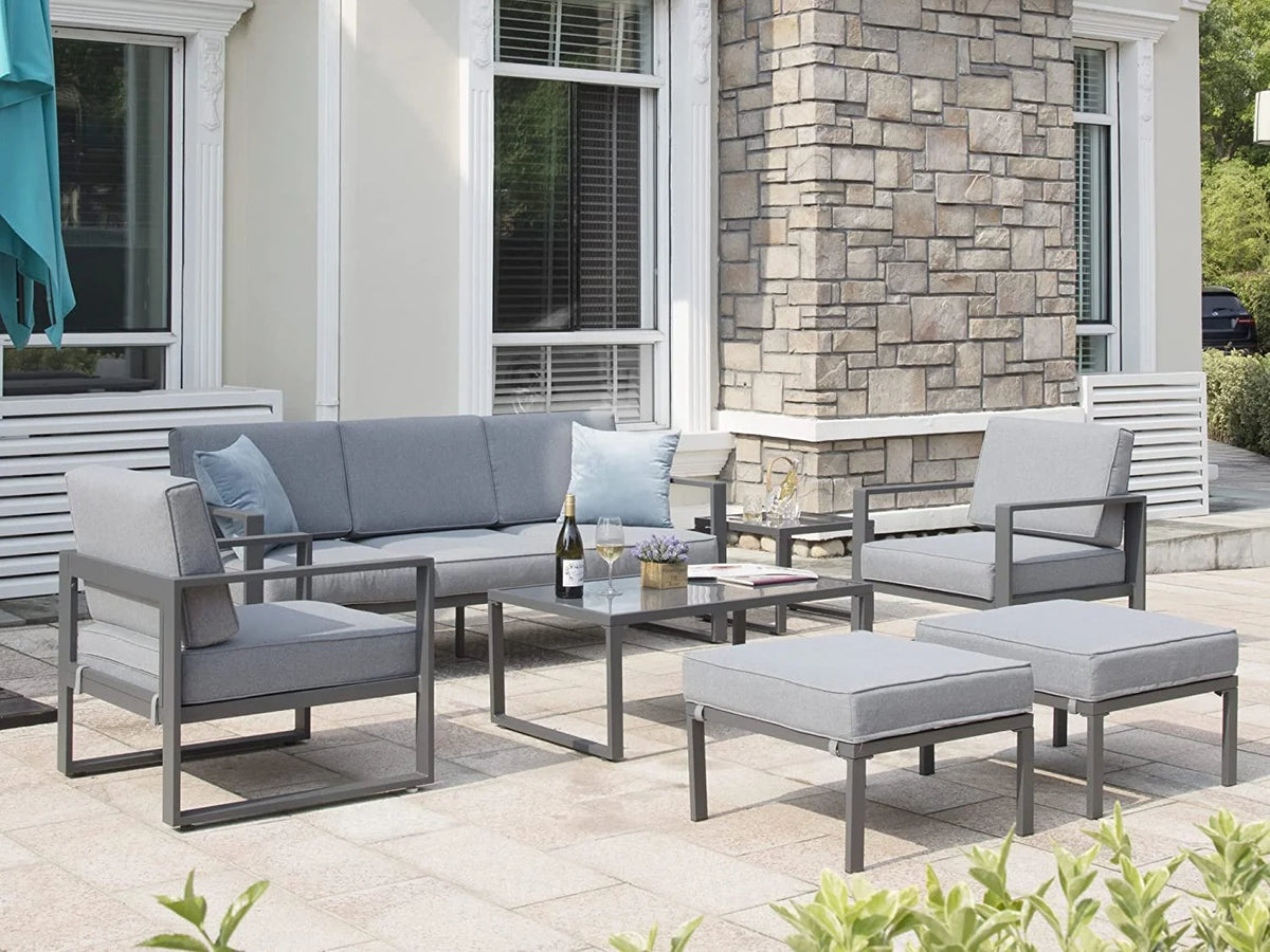 Gray Aluminum Patio Sectional Sofa Set with Table and Ottoman W32909