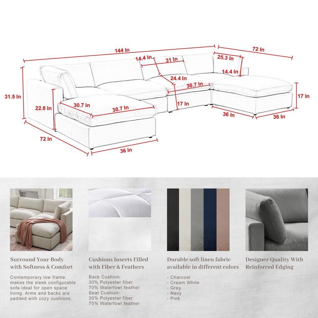 Charcoal Linen Sofa U-Chaise Sectional F556101