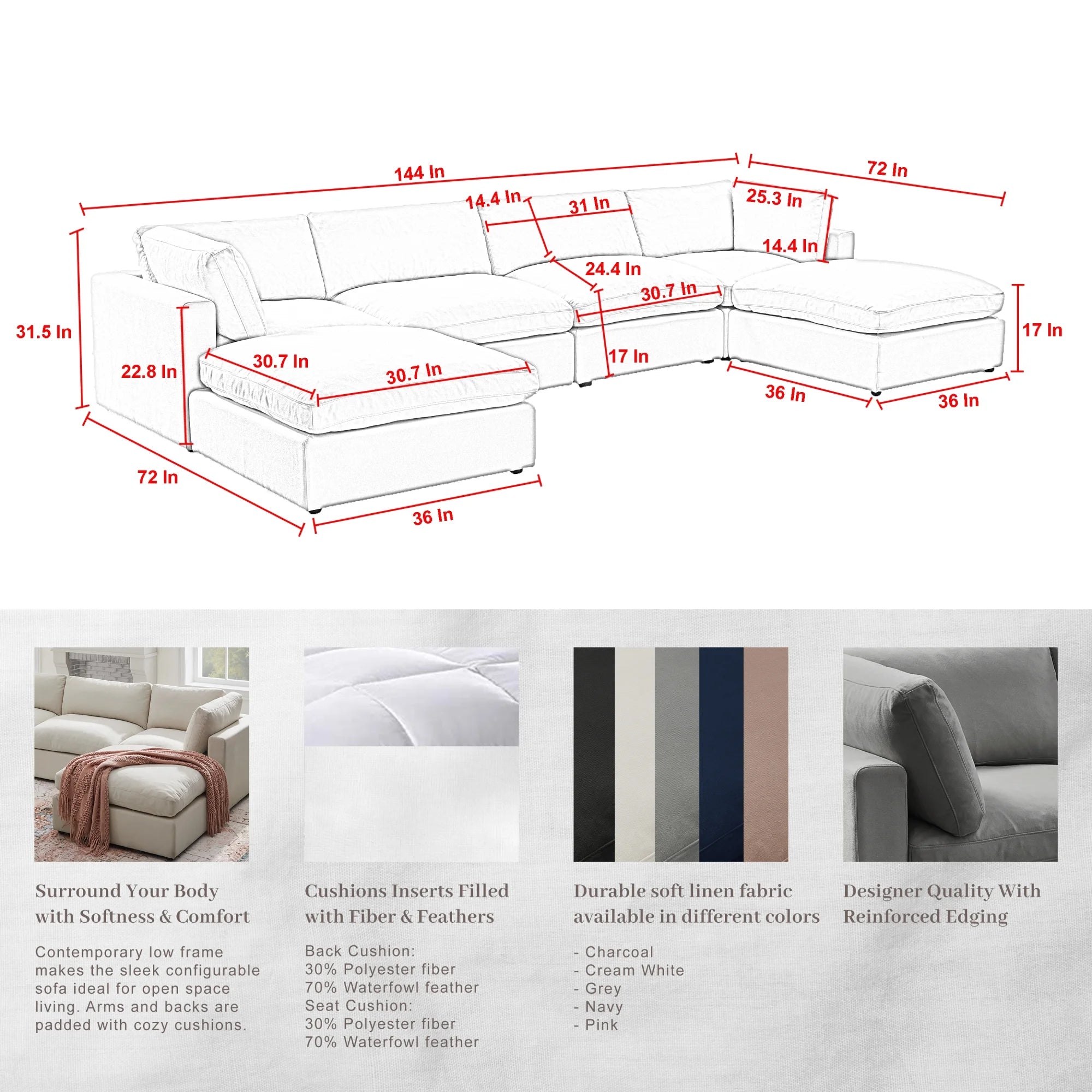 Charcoal Linen Sofa U-Chaise Sectional F556101
