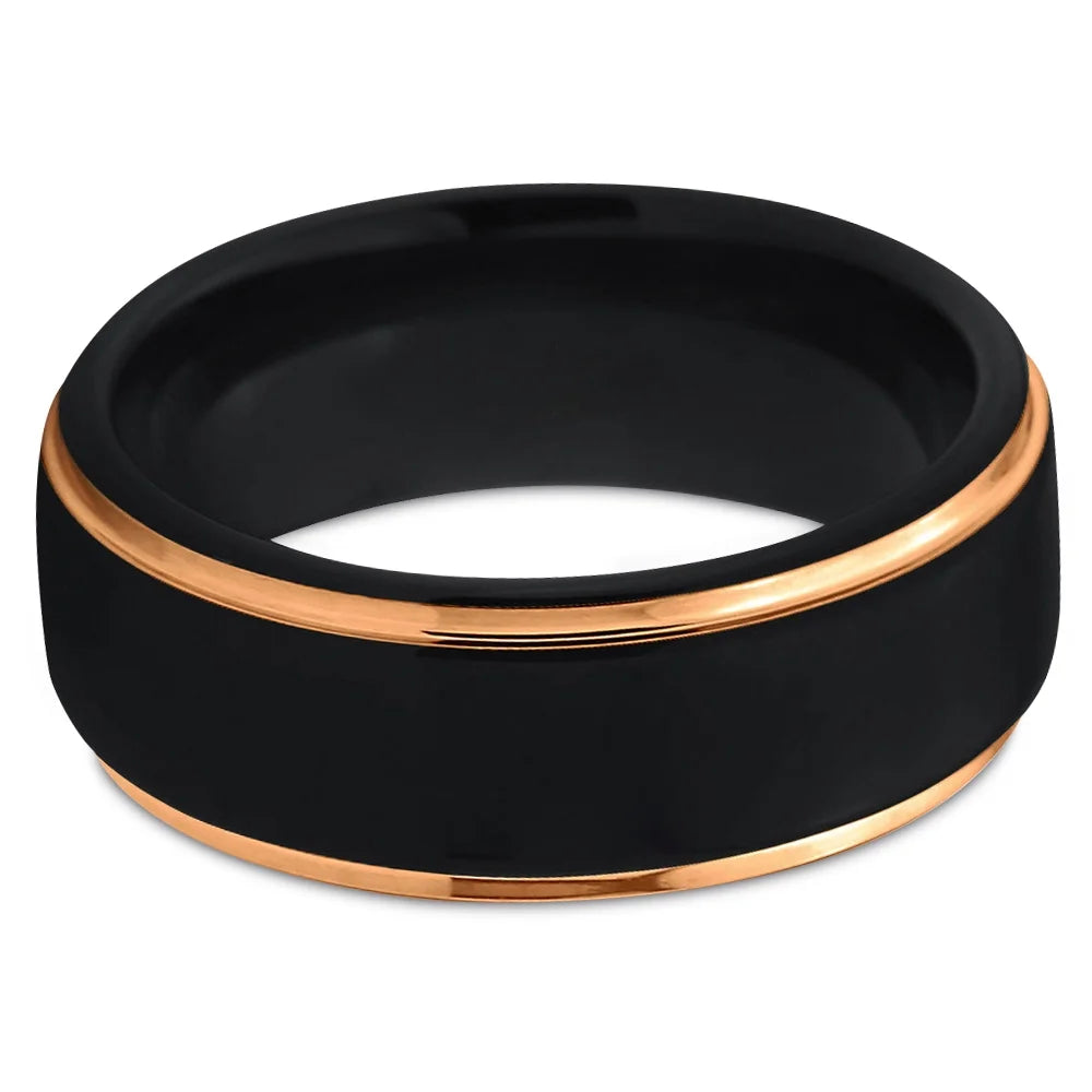 Tungsten Wedding Band Ring 8mm Black 18K Yellow Gold Plated Stepped Edge Polished Size 5.5 J74420