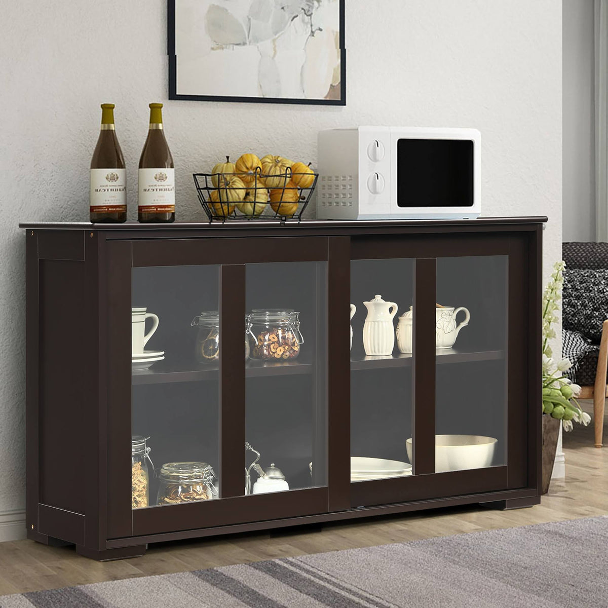 Brown Kitchen Storage Cabinet Sideboard Buffet Cupboard with Sliding Door J567