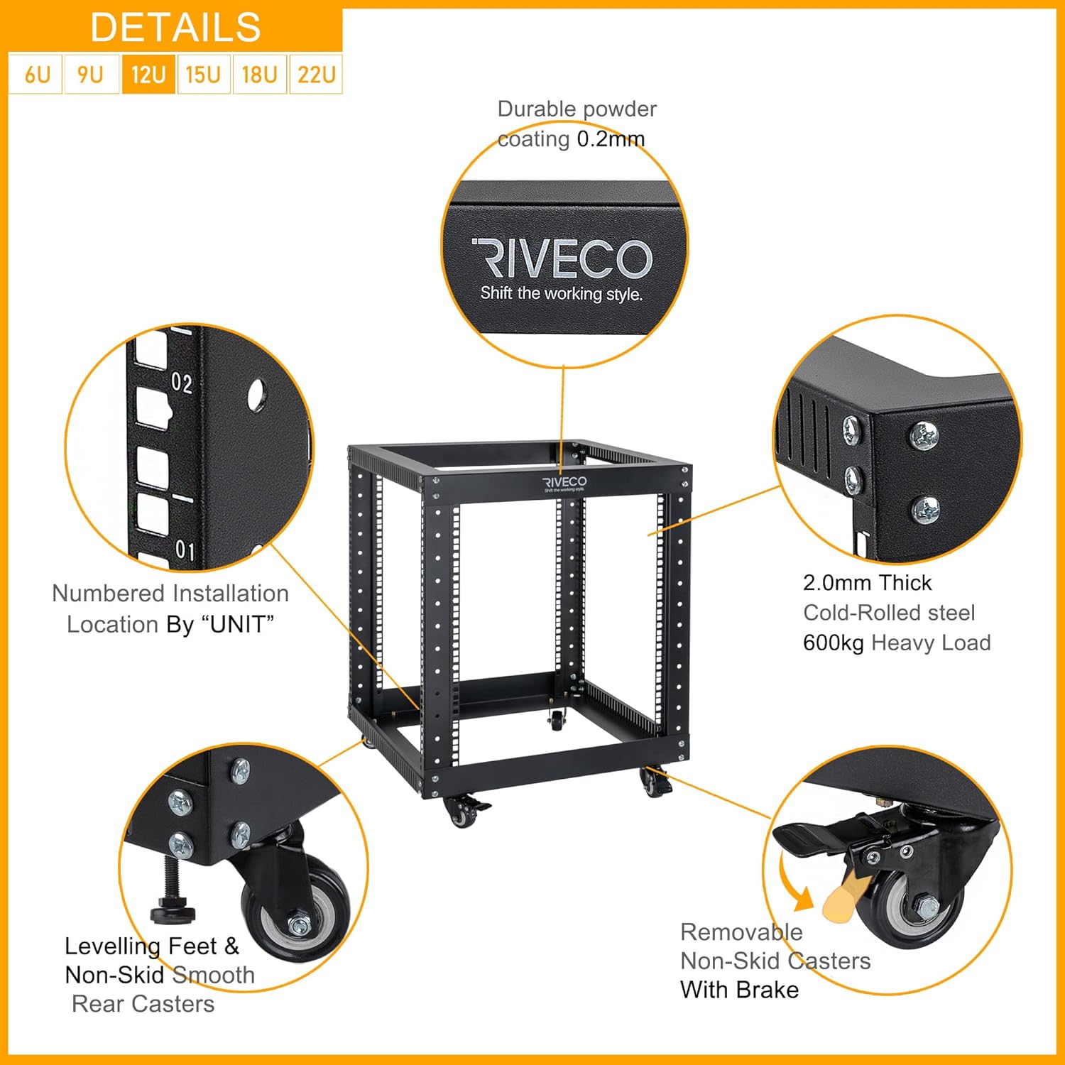 12U Open Frame 19-inch Server Rack with Casters F866