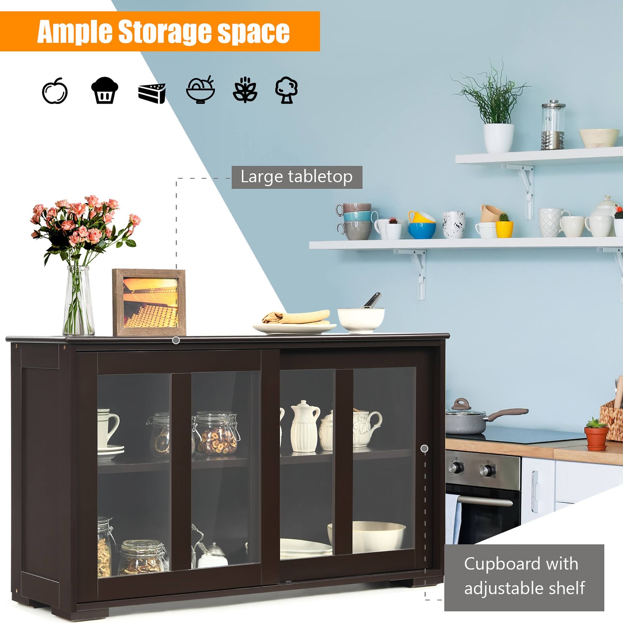 Brown Kitchen Storage Cabinet Sideboard Buffet Cupboard with Sliding Door J567