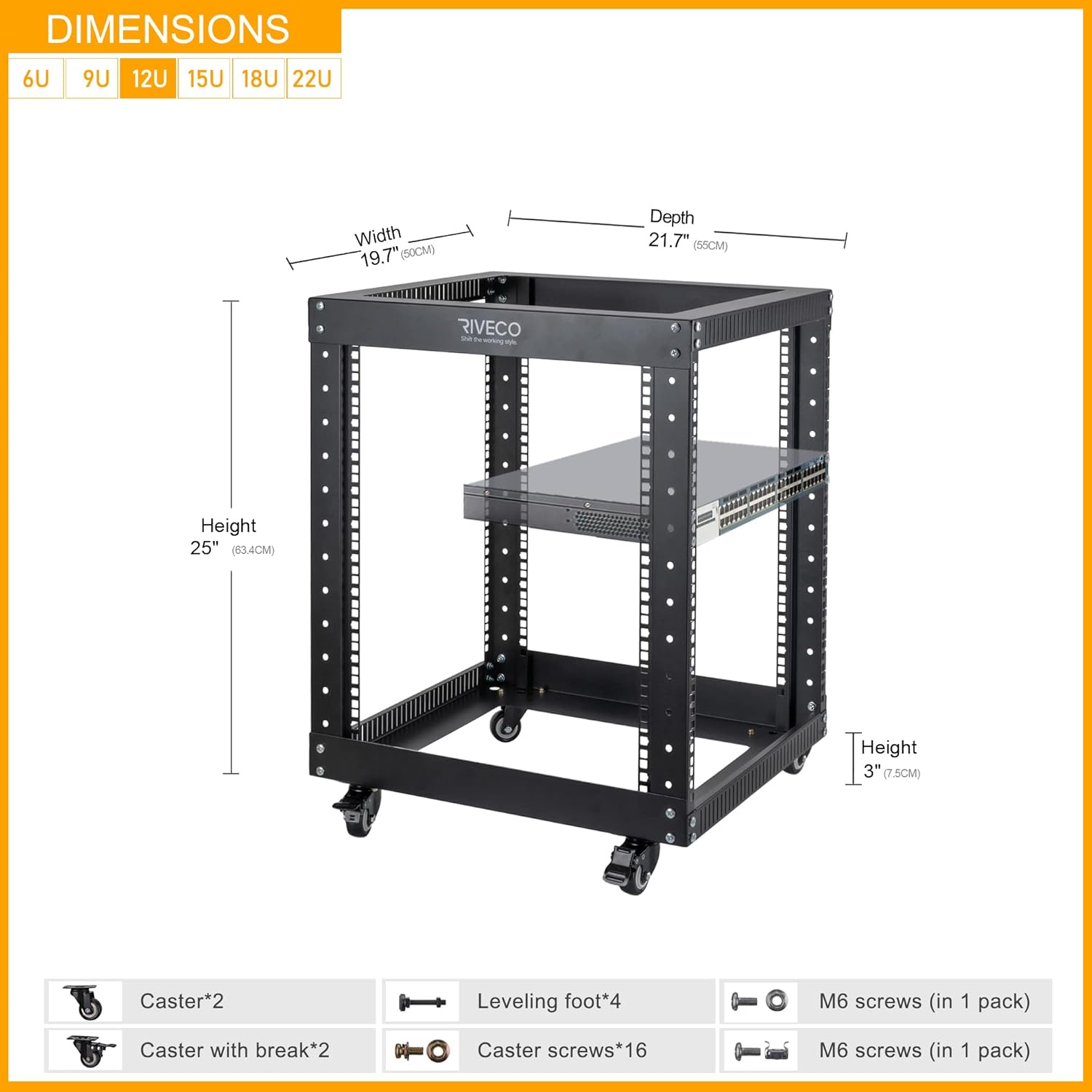 12U Open Frame 19-inch Server Rack with Casters F866