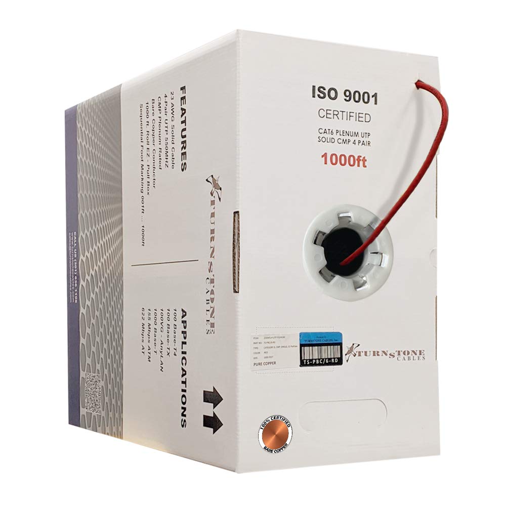 Cat6 Plenum (CMP) 1000ft Cable, 23AWG Solid Bare Copper UTP Bulk Ethernet Cable O1968