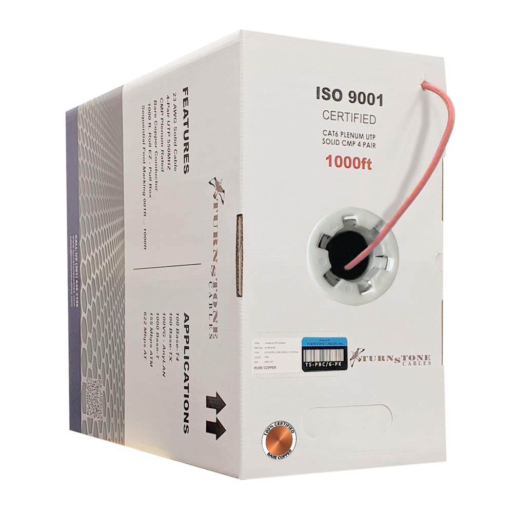 Cat6 Plenum (CMP) 1000ft Cable, 23AWG Solid Bare Copper UTP Bulk Ethernet Cable O1968