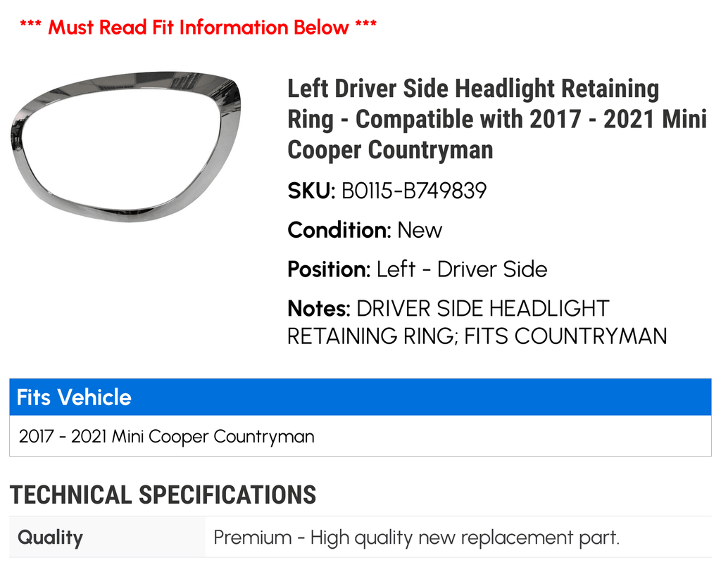 Left Driver Side Headlight Retaining Ring H8027