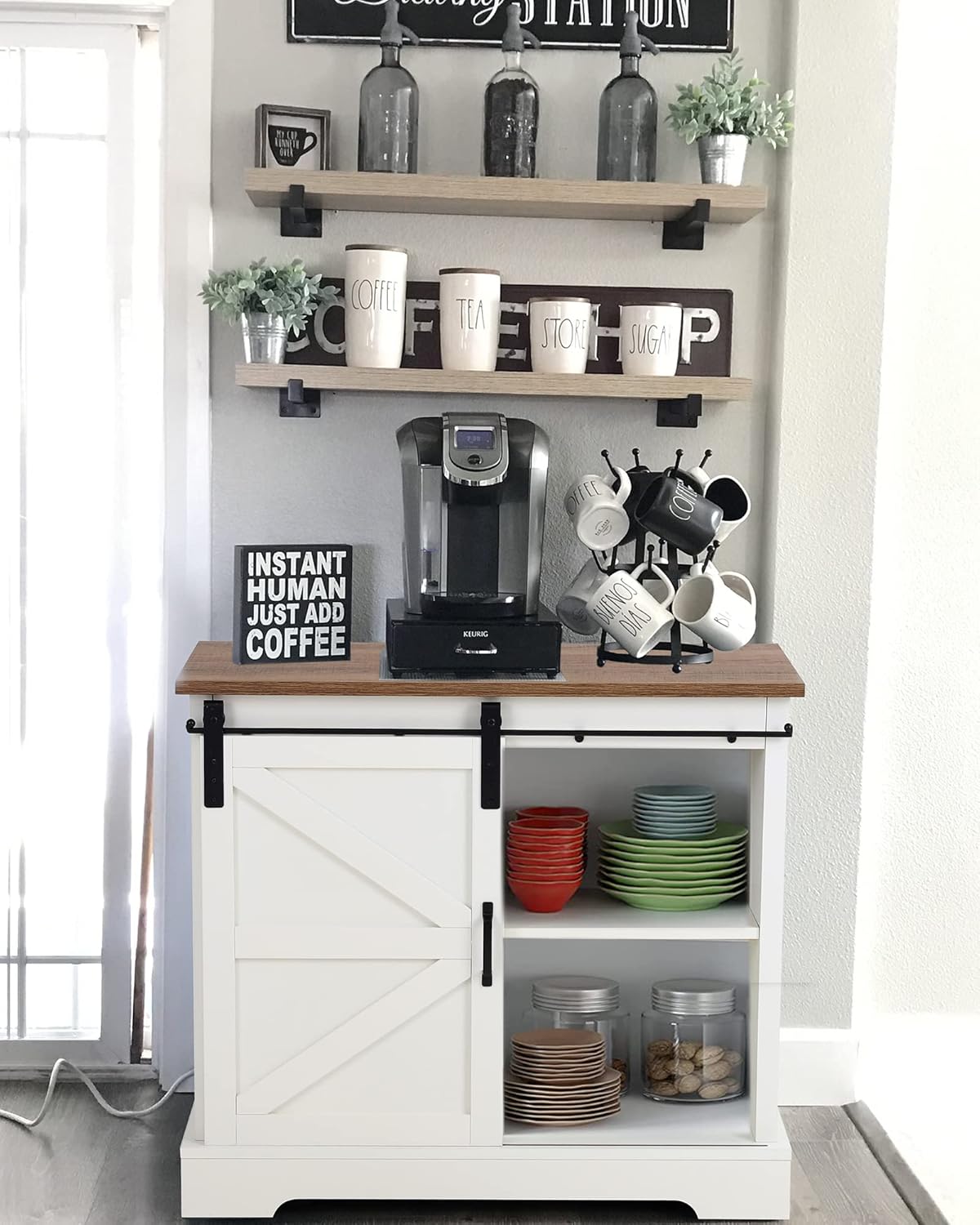 Oak Ivory Sliding Door Coffee Bar Cabinet R252653
