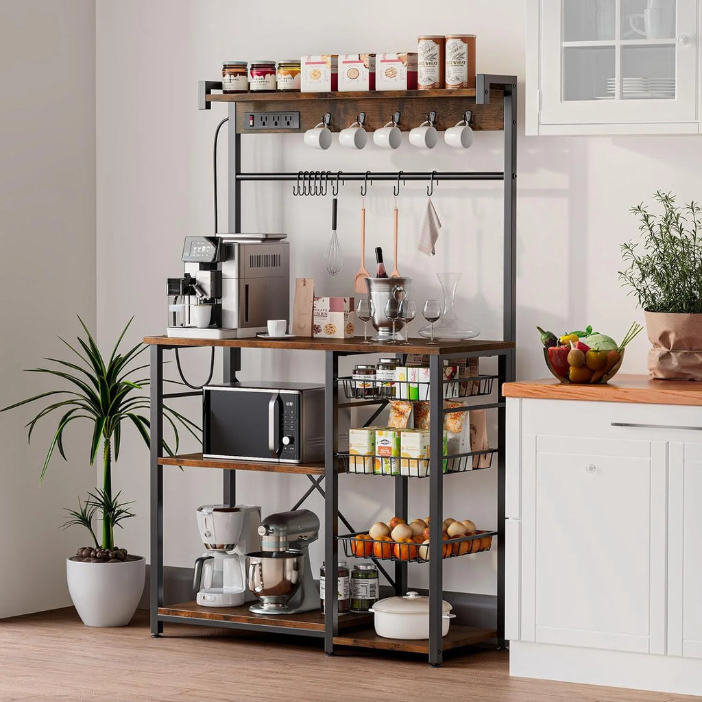 Large Bakers Rack with Power Outlets, 15 Hooks, 3 Wire Basket, Microwave Stand Kitchen Storage Shelf, 38.8 x 16.3 x 62.2 Inches, Rustic Brown B5355