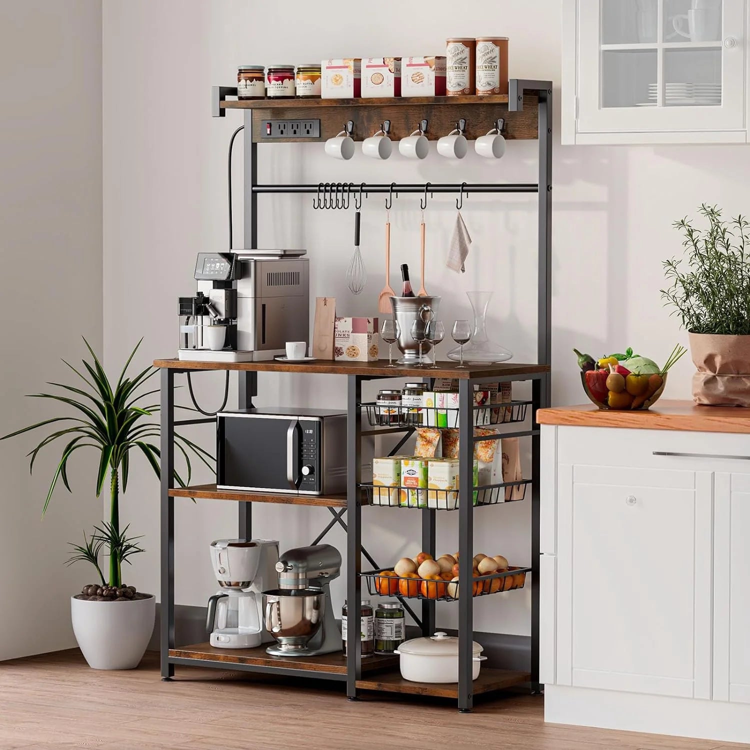 Large Bakers Rack with Power Outlets, 15 Hooks, 3 Wire Basket, Microwave Stand Kitchen Storage Shelf, 38.8 x 16.3 x 62.2 Inches, Rustic Brown B5355