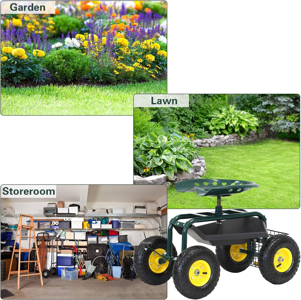 Rolling Garden Stool Cart with Tool Storage Utility Basket N201