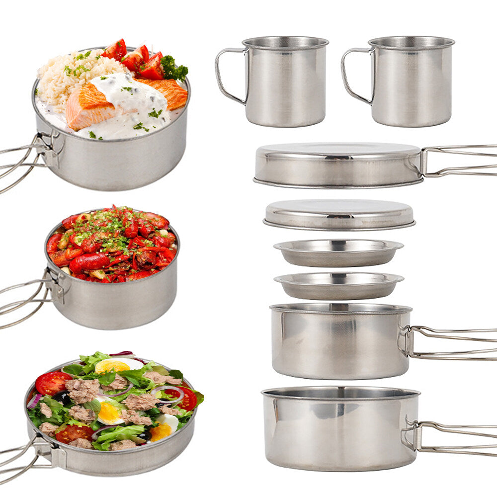 Stainless Steel Camping Cookware Mess Kit 8PCS with Plates Cups H88387