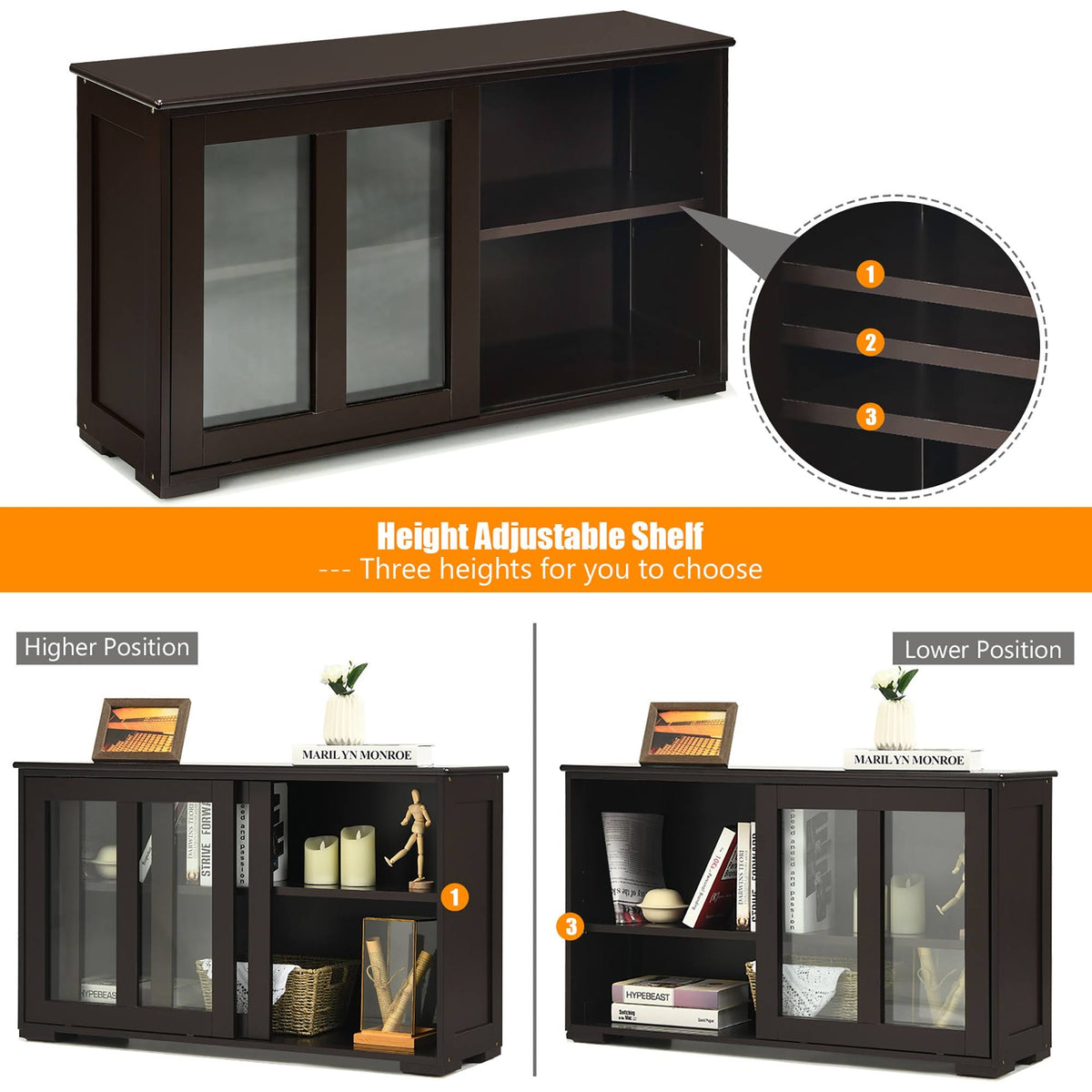 Brown Kitchen Storage Cabinet Sideboard Buffet Cupboard with Sliding Door J567