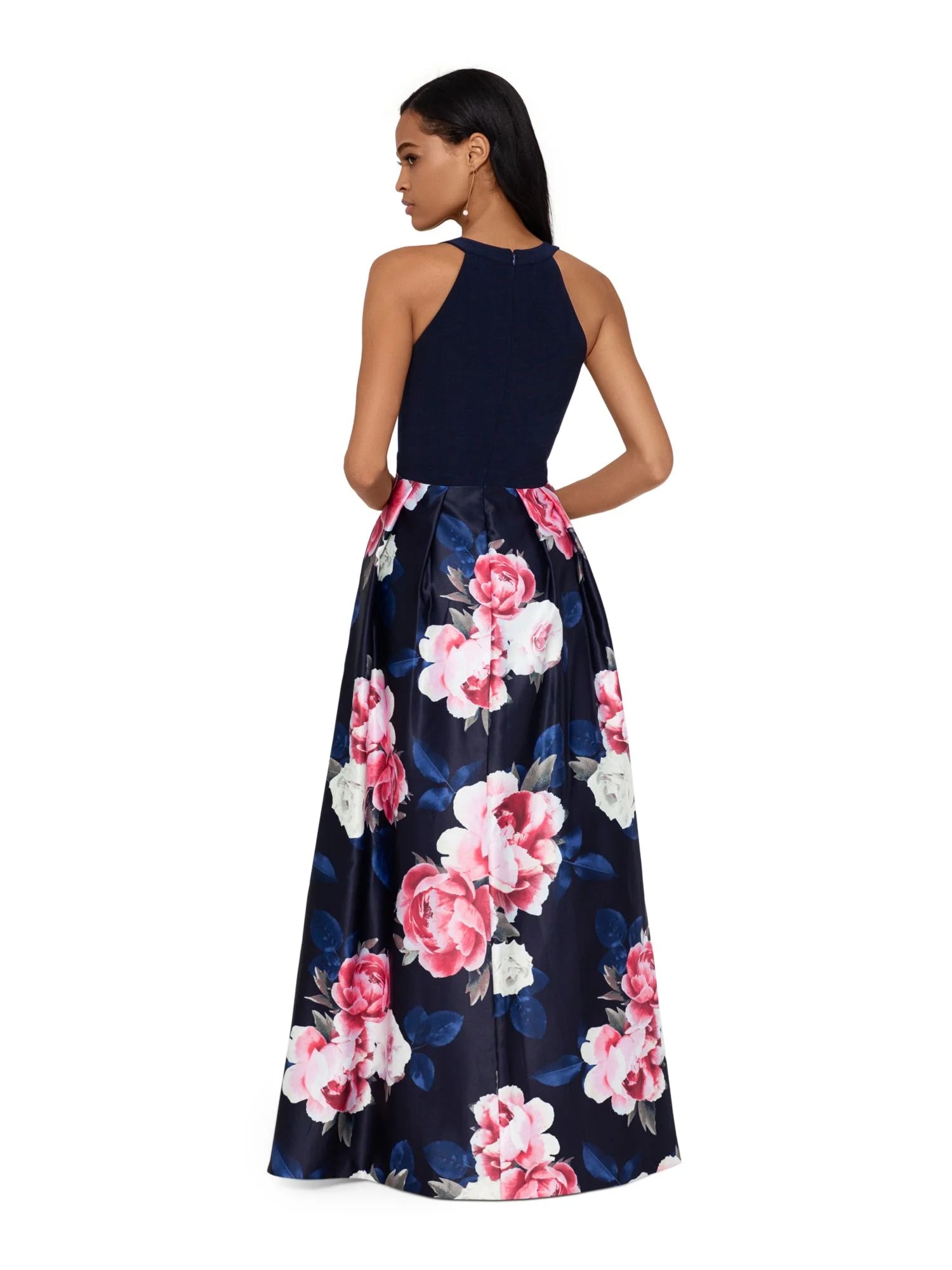 Navy Zippered Gown Sleeveless V Neck Full-Length Fit + Flare Dress Petites 2P V34313