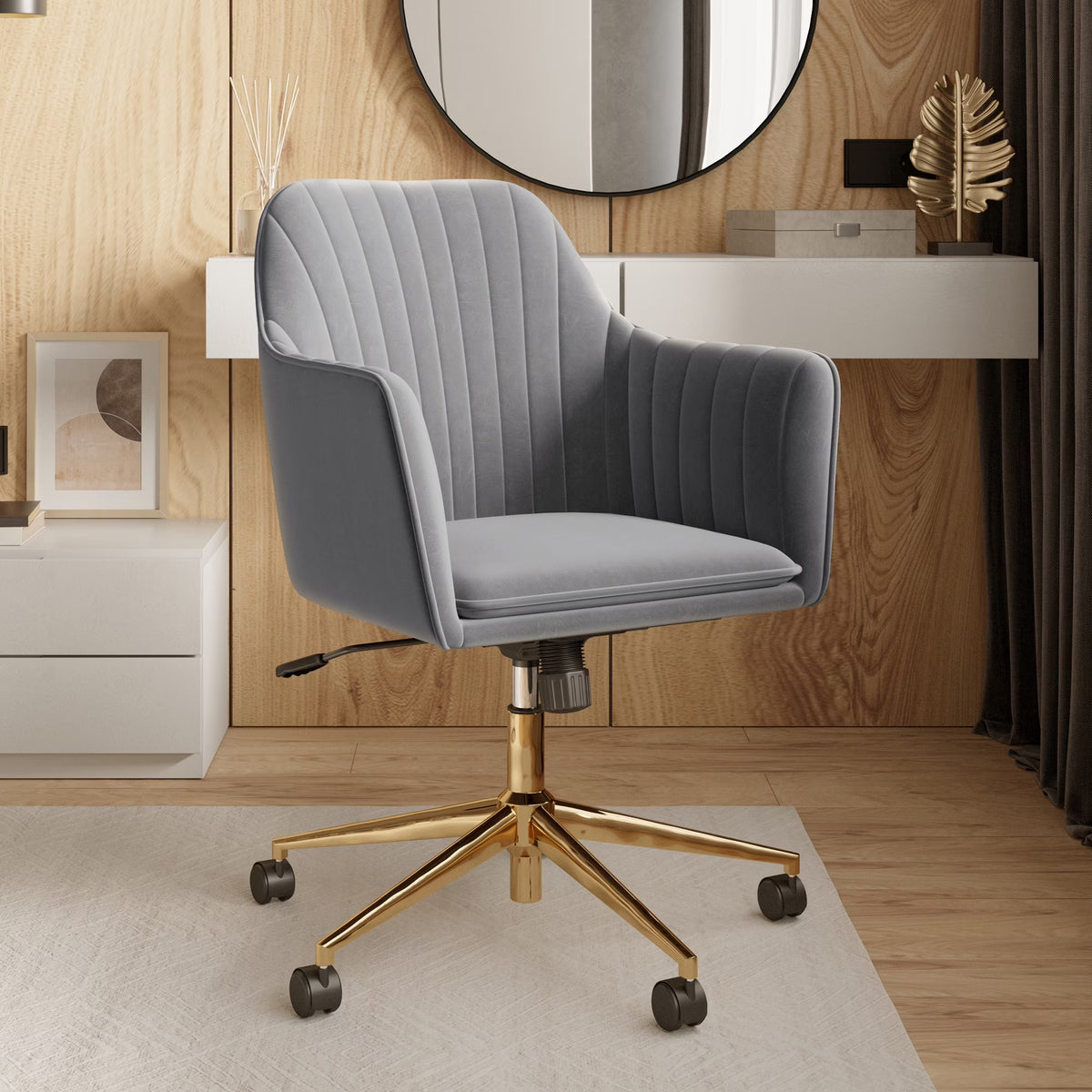 Gray Velvet Swivel Rolling Desk Chair with Adjustable Height G7155