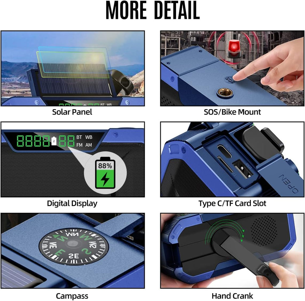 Emergency NOAA Weather Alert Radio with Bluetooth Speaker, IPX5 Waterproof, Hand Crank Solar, 5000mAh Battery, AM FM, Flashlight, SOS, USB Phone Charger, Pack of 2 Y683756