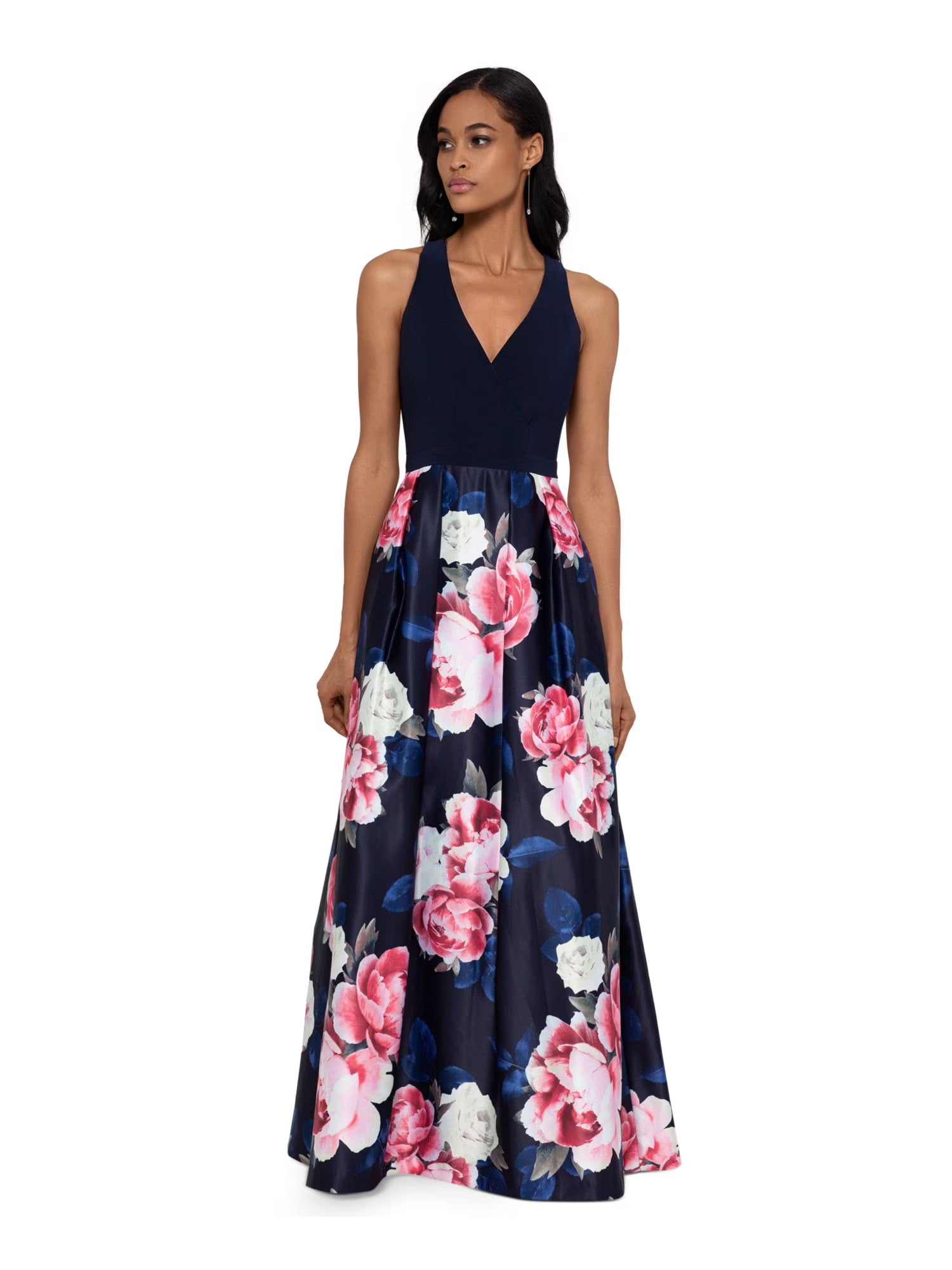 Navy Zippered Gown Sleeveless V Neck Full-Length Fit + Flare Dress Petites 2P V34313