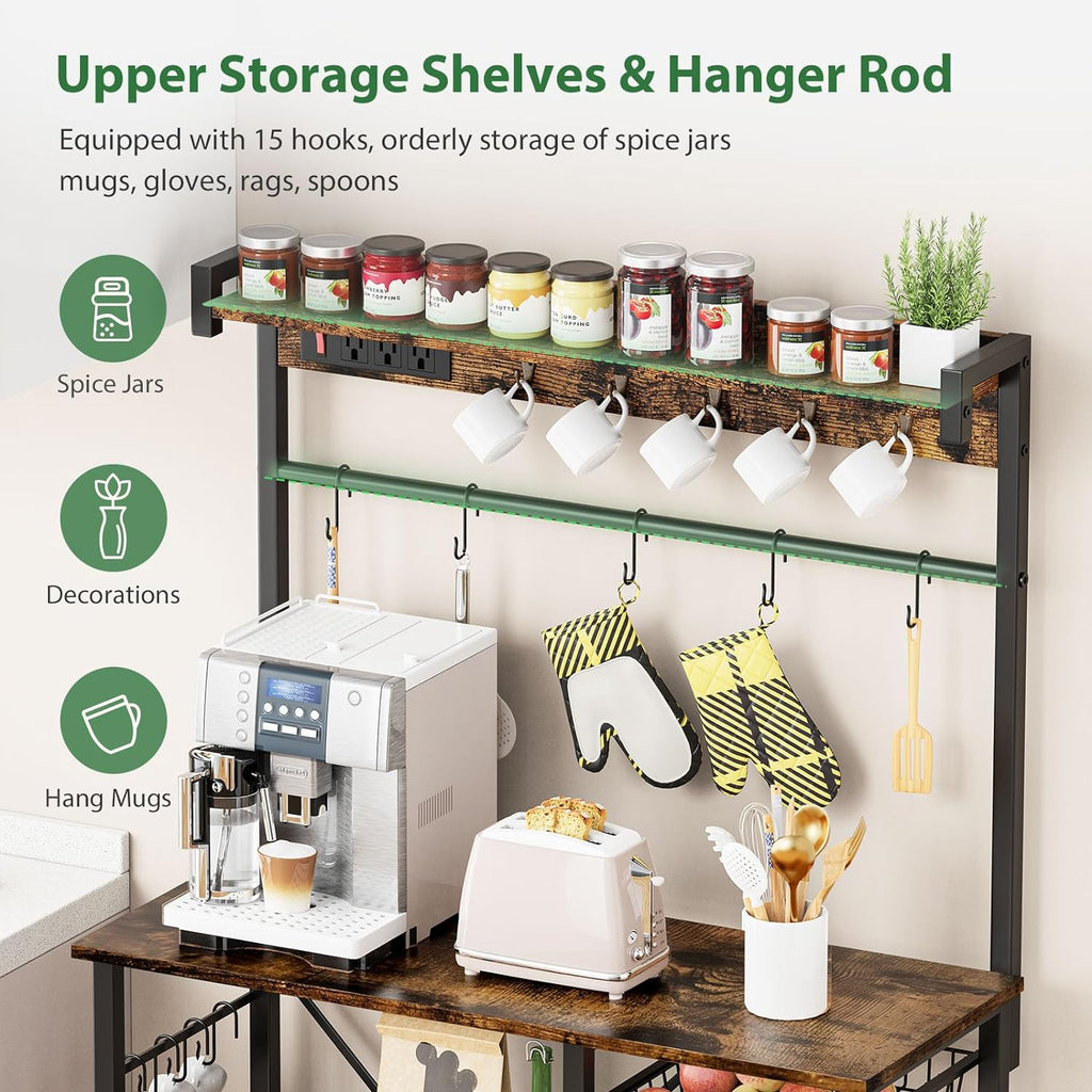 Large Bakers Rack with Power Outlets, 15 Hooks, 3 Wire Basket, Microwave Stand Kitchen Storage Shelf, 38.8 x 16.3 x 62.2 Inches, Rustic Brown B5355