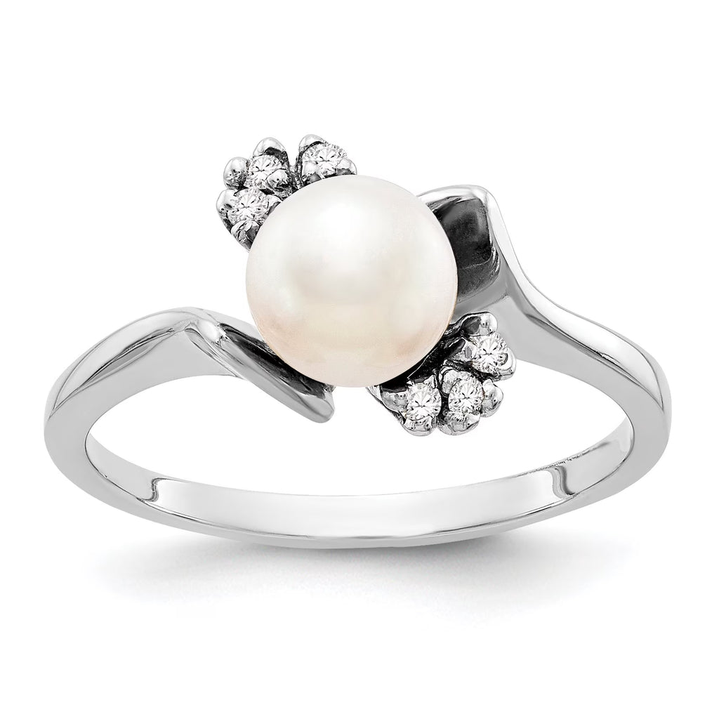 14k White Gold 6mm FW Cultured Pearl AAA Real Diamond Ring W716234