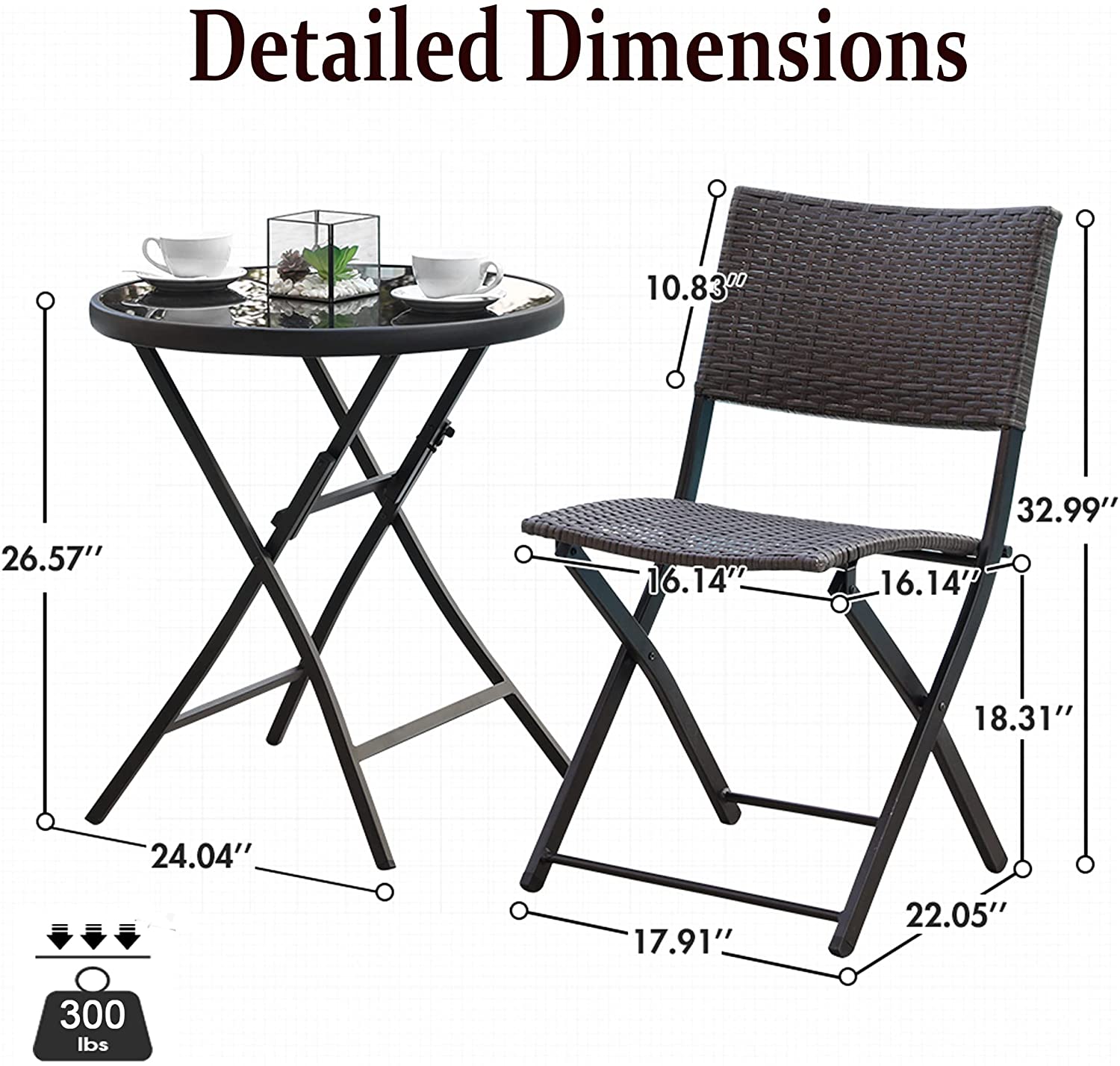 3 Pieces Wicker Patio Bistro Set with Folding Round Table and Chairs O677702