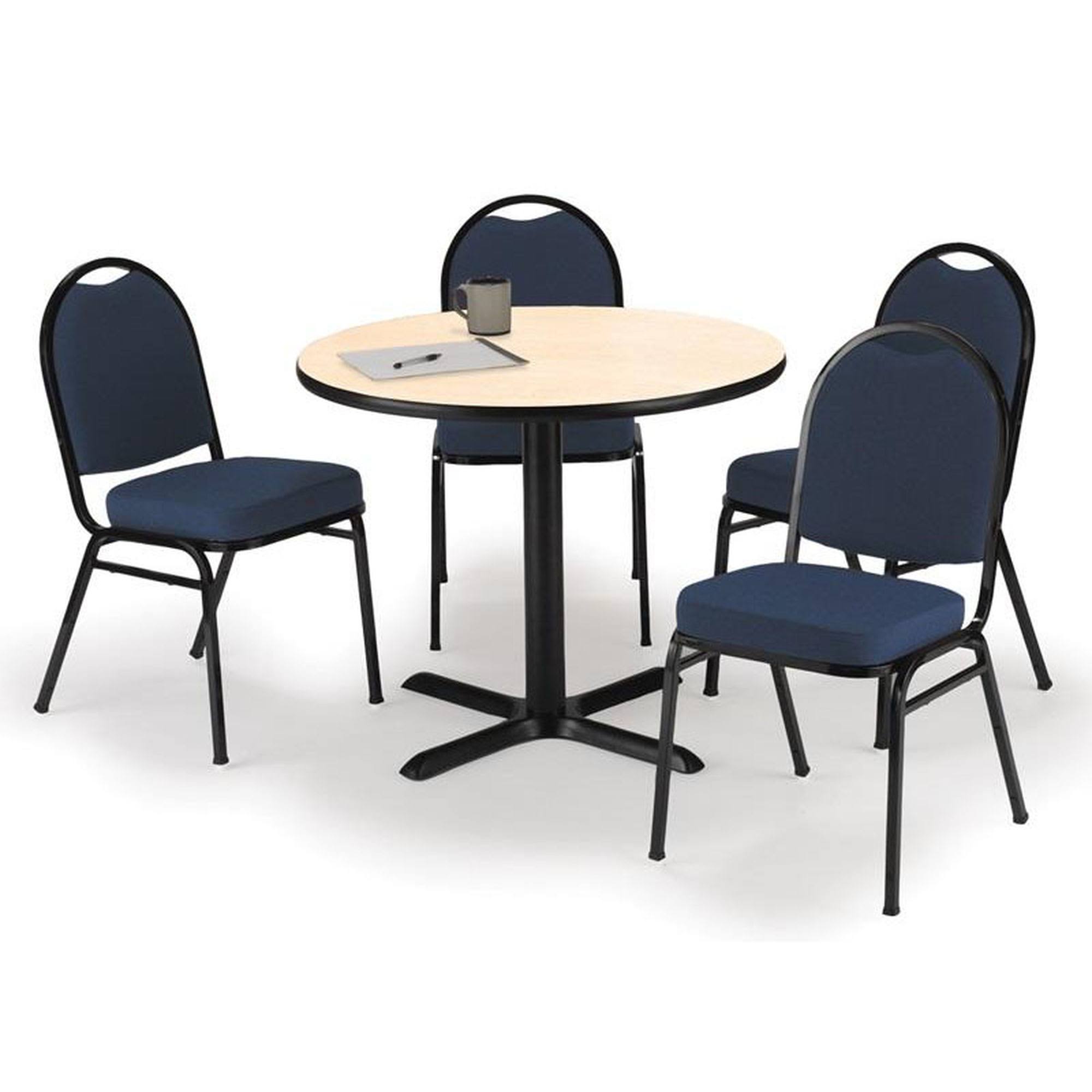Round 42 inch Breakroom Table with 4 Blue Fabric Stack Chairs K364237