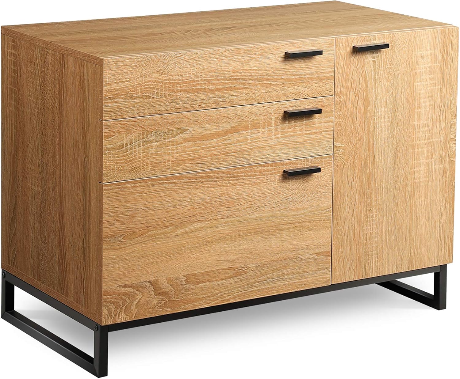 3 Drawer Dresser with Side Door, Wood Storage Cabinet with Metal Frame, Gray Oak J3352