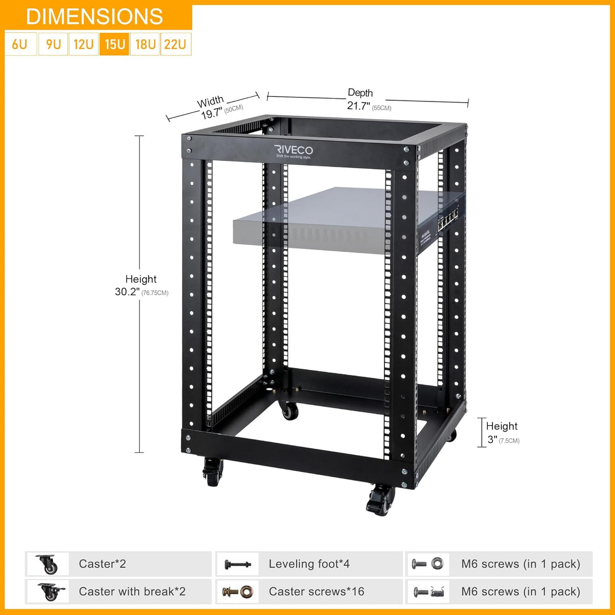 12U Open Frame 19-inch Server Rack with Casters F866