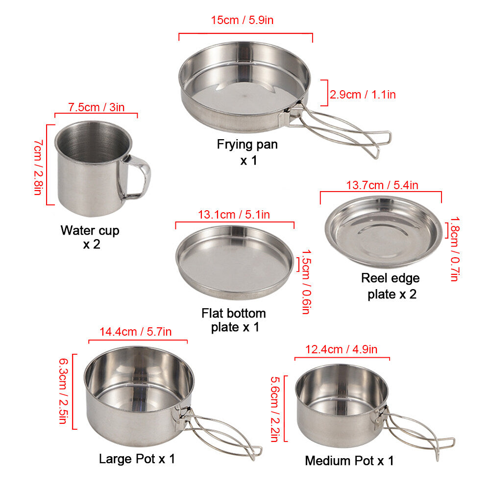 Stainless Steel Camping Cookware Mess Kit 8PCS with Plates Cups H88387