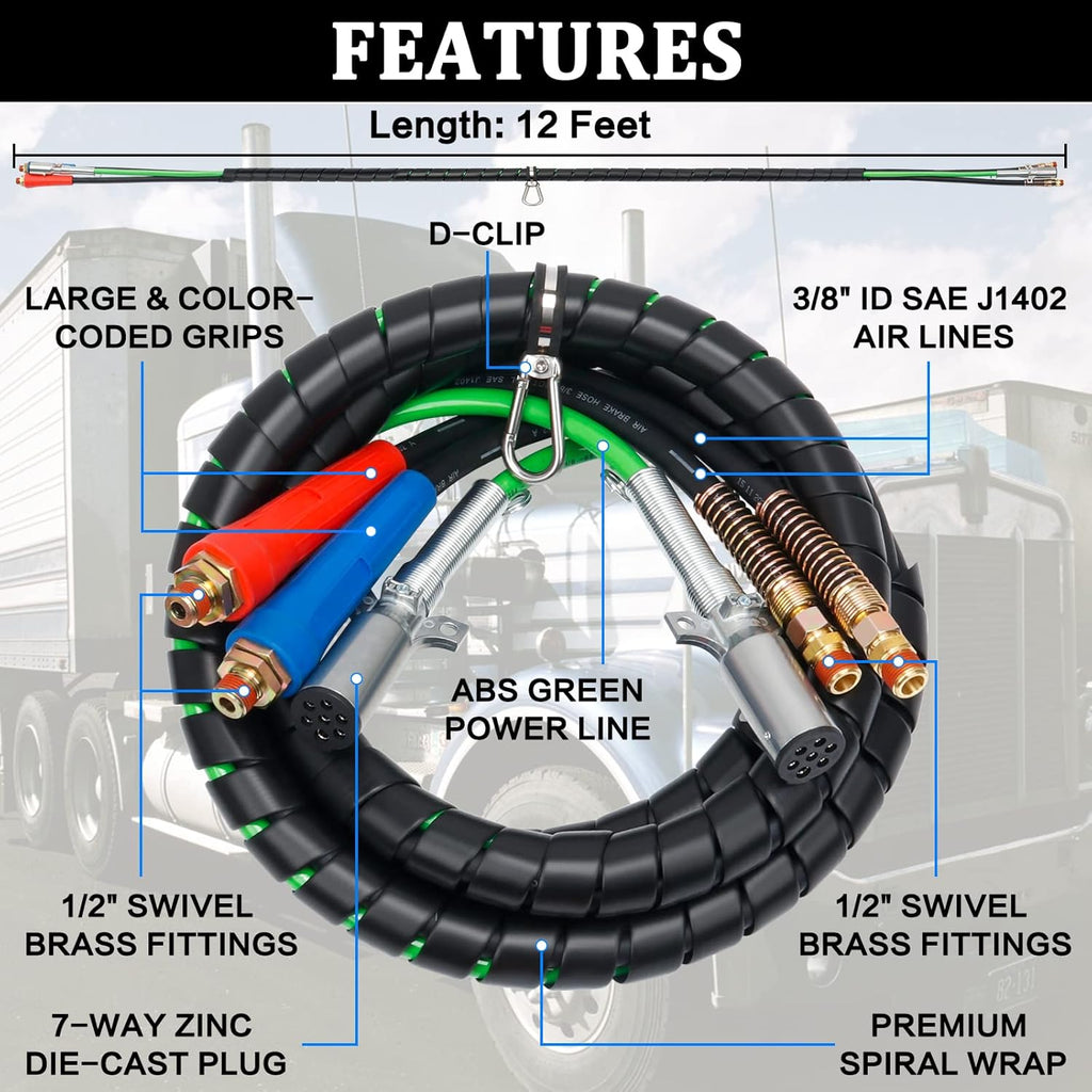 12 FT Semi Truck Air Hose Kit with Glad Hands G479