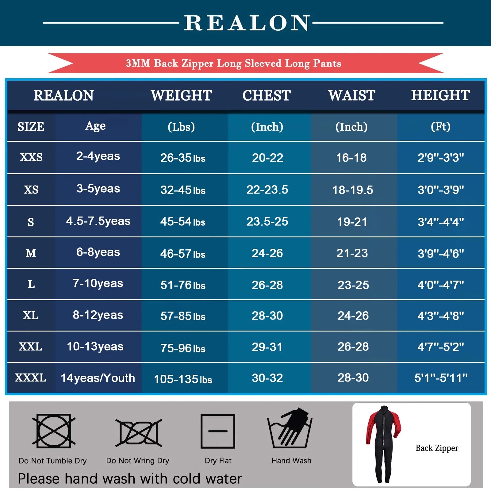 Kids 2mm Neoprene Full Wetsuit with Back Zip I952