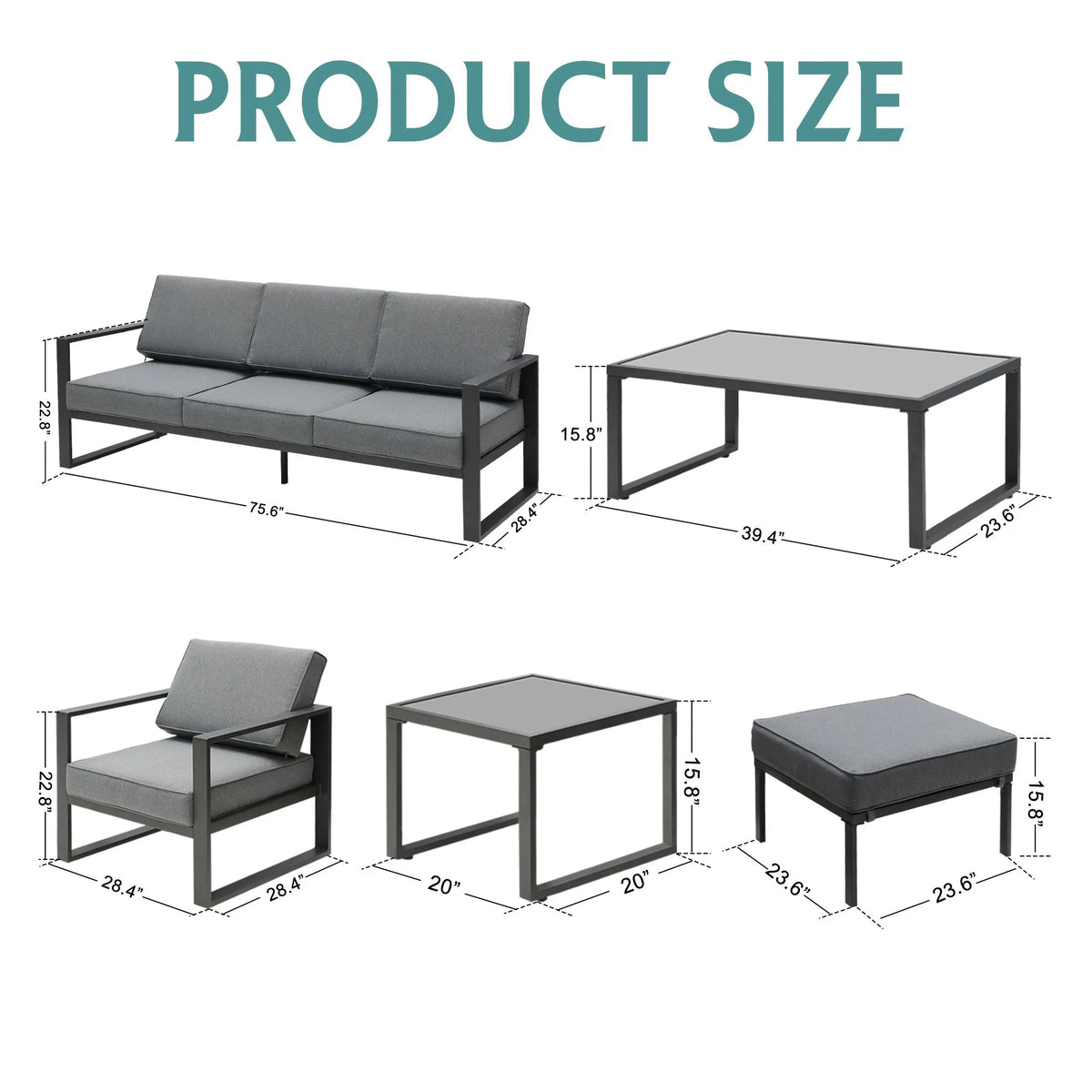 Gray Aluminum Patio Sectional Sofa Set with Table and Ottoman W32909