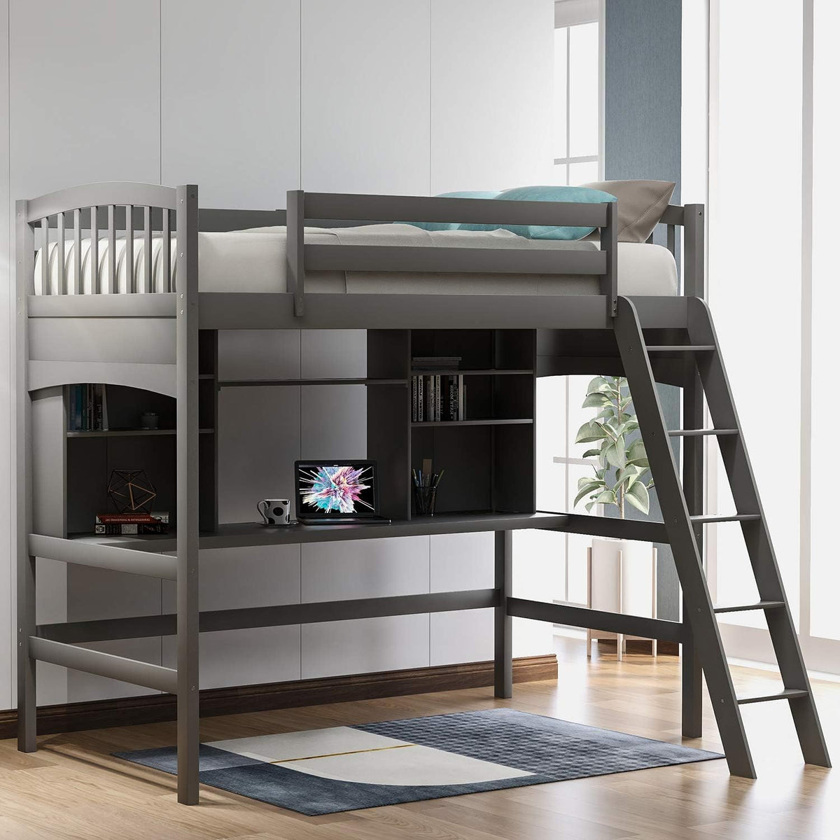 Solid Wood Twin Loft Bed with Desk and Bookshelf (Espresso) T9576