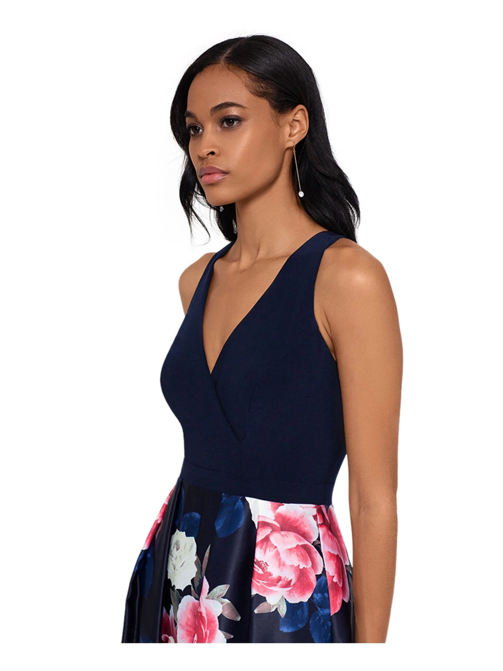 Navy Zippered Gown Sleeveless V Neck Full-Length Fit + Flare Dress Petites 2P V34313