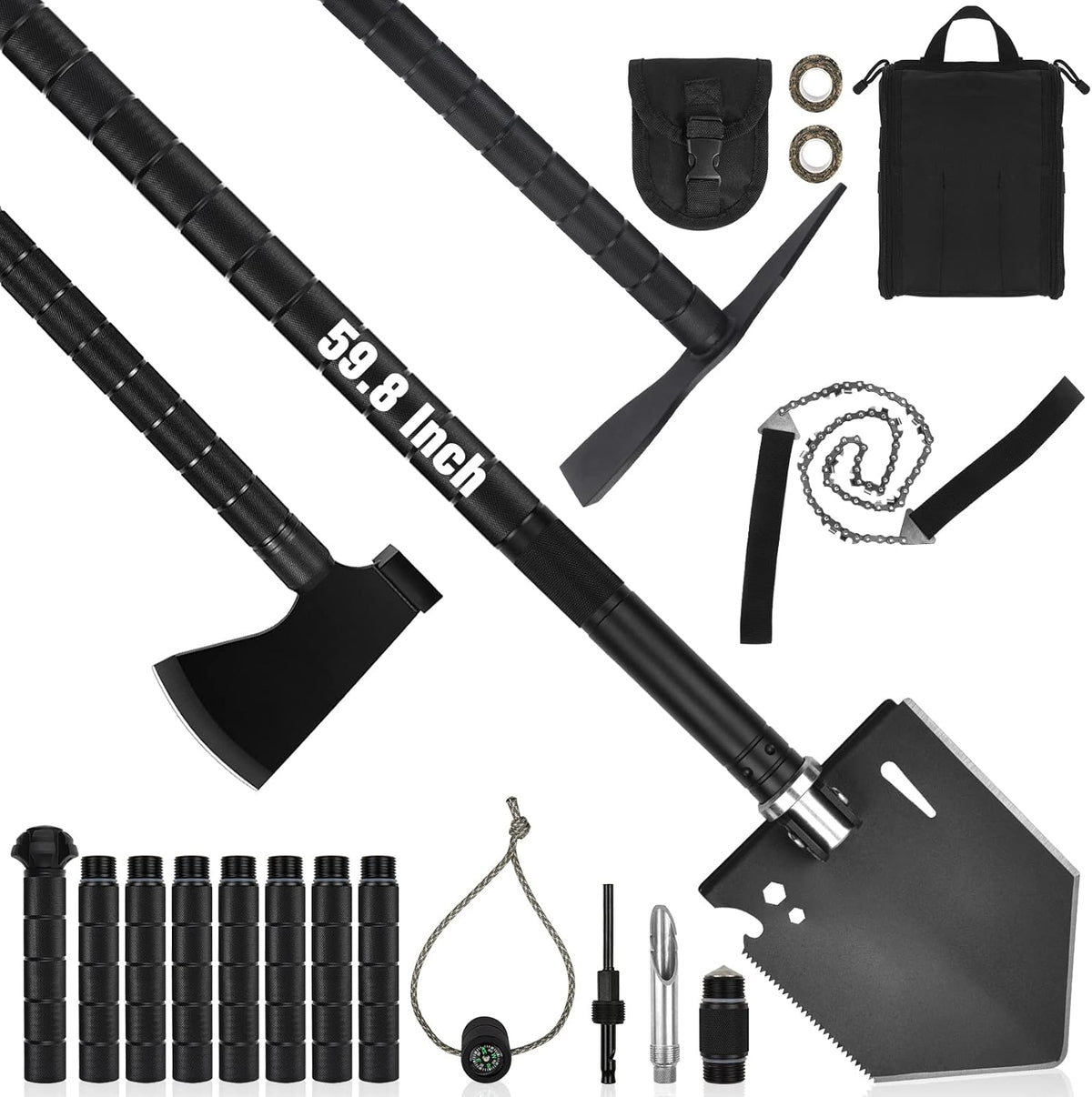 59.8 Inch High Carbon Steel Survival Shovel Axe Kit with Pickaxe Chainsaw Q6170