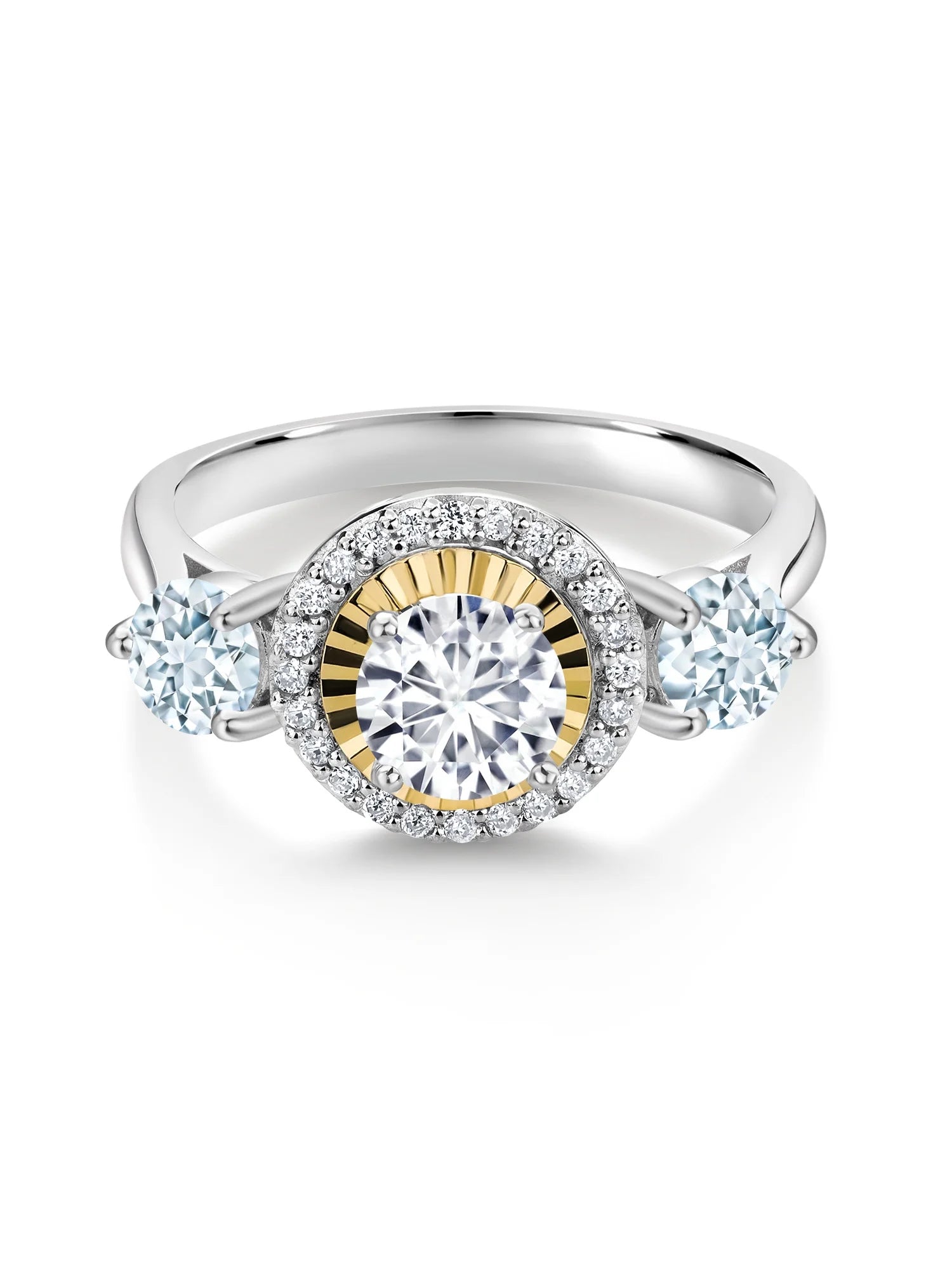 1.12 Ct Lab Grown Diamond Aquamarine 925 Silver 10K Yellow Gold 3 Stone Engagement Ring K43364