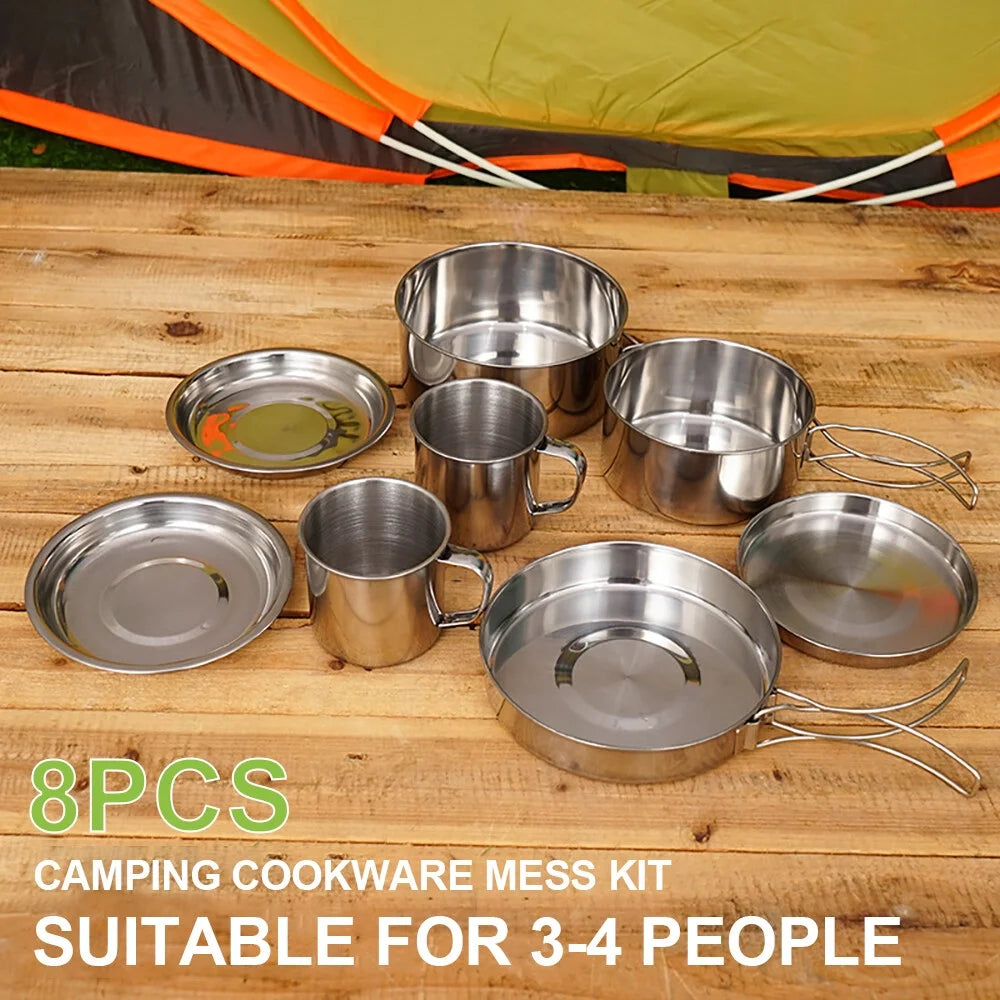 Stainless Steel Camping Cookware Mess Kit 8PCS with Plates Cups H88387