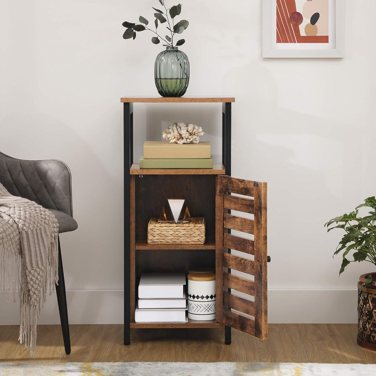 Rustic Brown 3 Shelf Storage Cabinet with 2 Louvered Doors K735