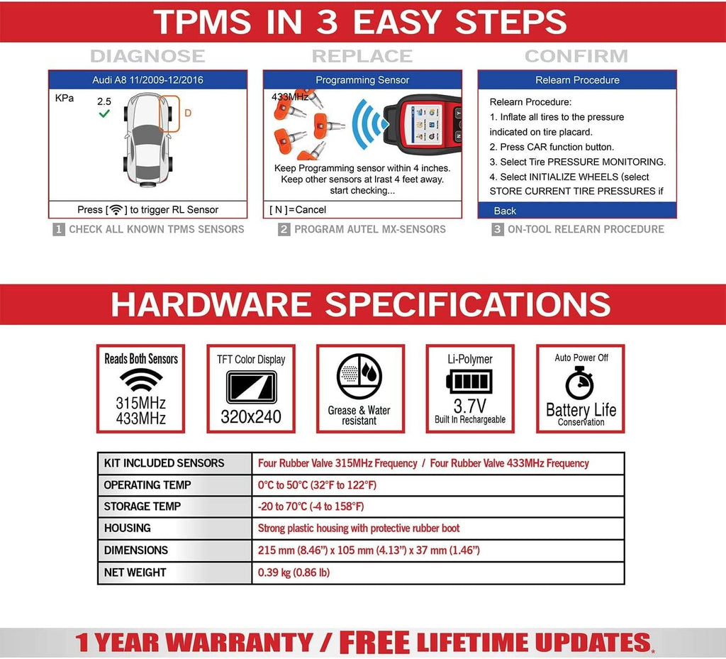 TPMS Relearn Tool with 4 PCS 315MHz & 4PCS 433MHz Sensor Kit Z94056