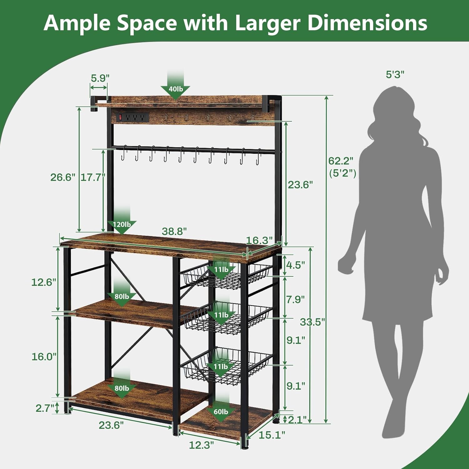 Large Bakers Rack with Power Outlets, 15 Hooks, 3 Wire Basket, Microwave Stand Kitchen Storage Shelf, 38.8 x 16.3 x 62.2 Inches, Rustic Brown B5355