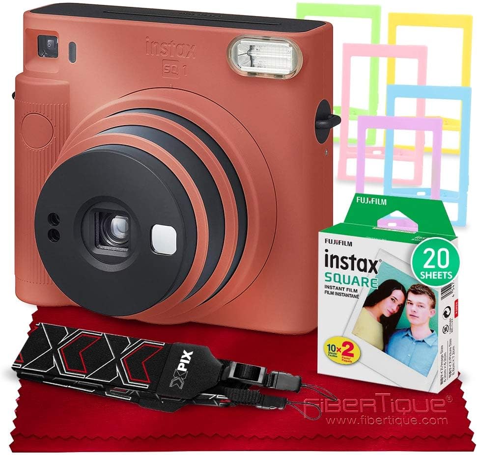 Glacier Blue Instant Camera Bundle with Square Instant Film (20 Exposures), Camera Strap, Color Plastic Frames H549