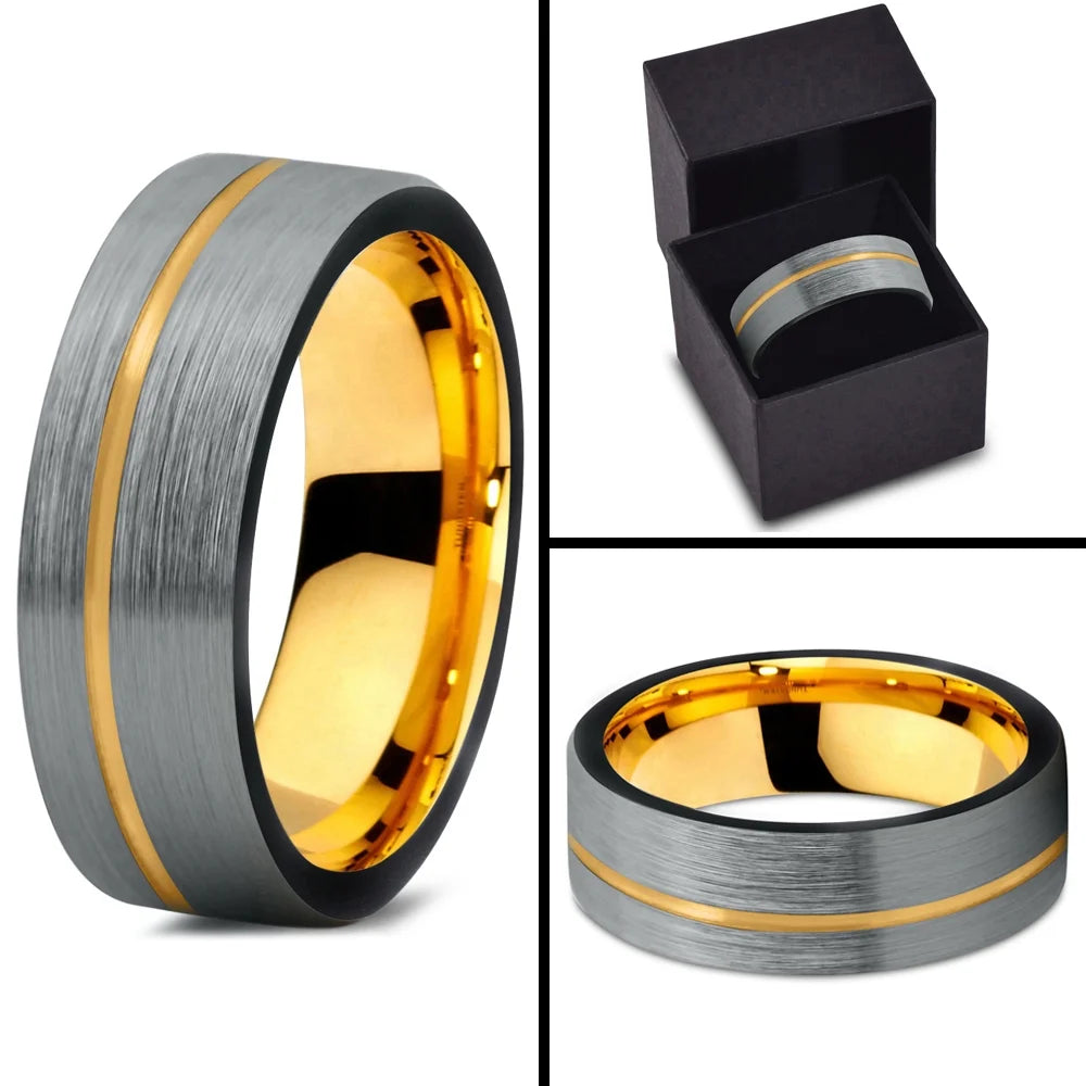 Tungsten Wedding Band Ring 7mm Black & 18K Yellow Gold Plated Pipe Cut Brushed Polished Size 9.5 S20399