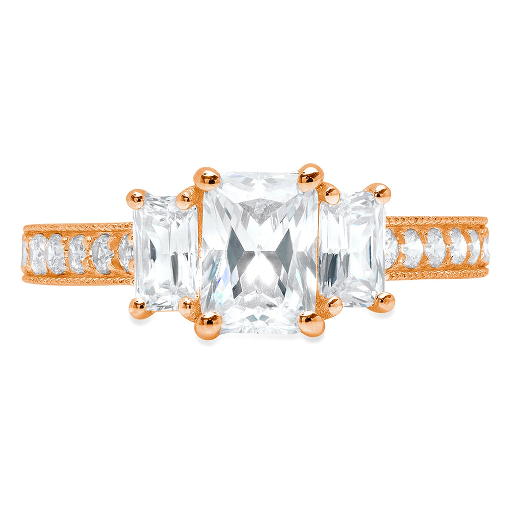 Emerald Cut Natural Diamond VS1-VS2 G-H 18K Rose Gold Three-Stone Engagement Ring N114
