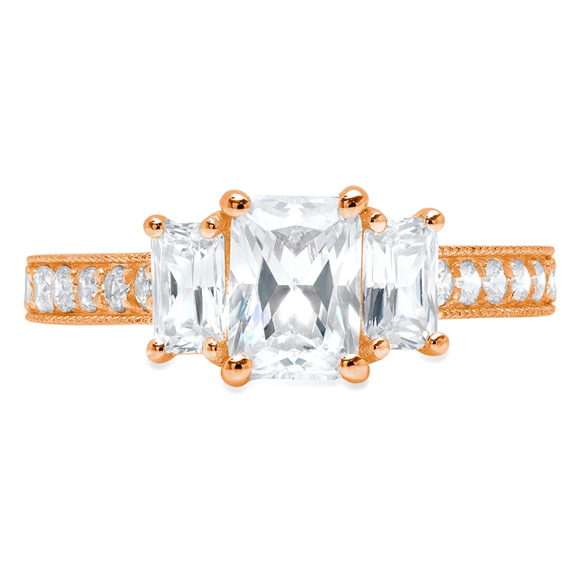 Emerald Cut Natural Diamond VS1-VS2 G-H 18K Rose Gold Three-Stone Engagement Ring N114