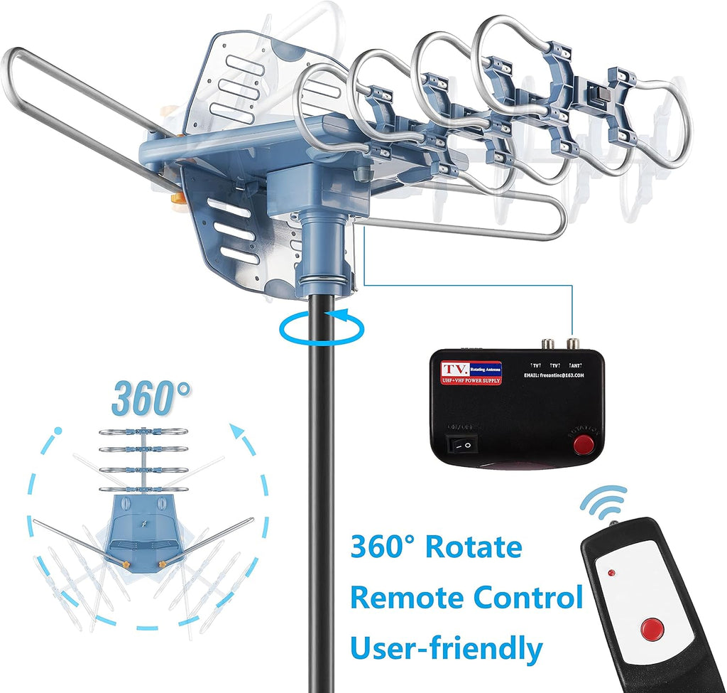 Outdoor TV Antenna with Mount Pole 4K/1080p Reception, 40feet RG6 Coaxial Cable, 360 Degree Rotation Wireless Remote, 2 TVs Function U11571